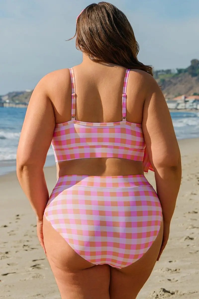 Pink Plus Size Plaid Print High Waist Bikini Set - Love Salve